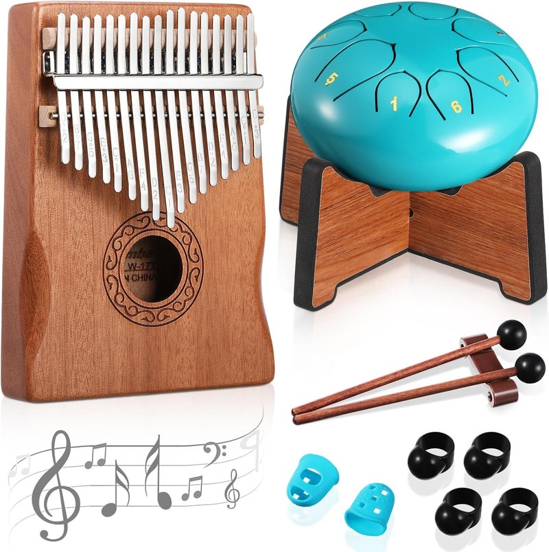 Resholder Rain Drum for Outside Garden Thumb Piano Kalimba Musical Instruments Set 8 Notes 6 Inches Steel Tongue Drum 17 Keys Finger Piano for Adult Beginners Gift for Christmas(Moss Blue) - Image 1